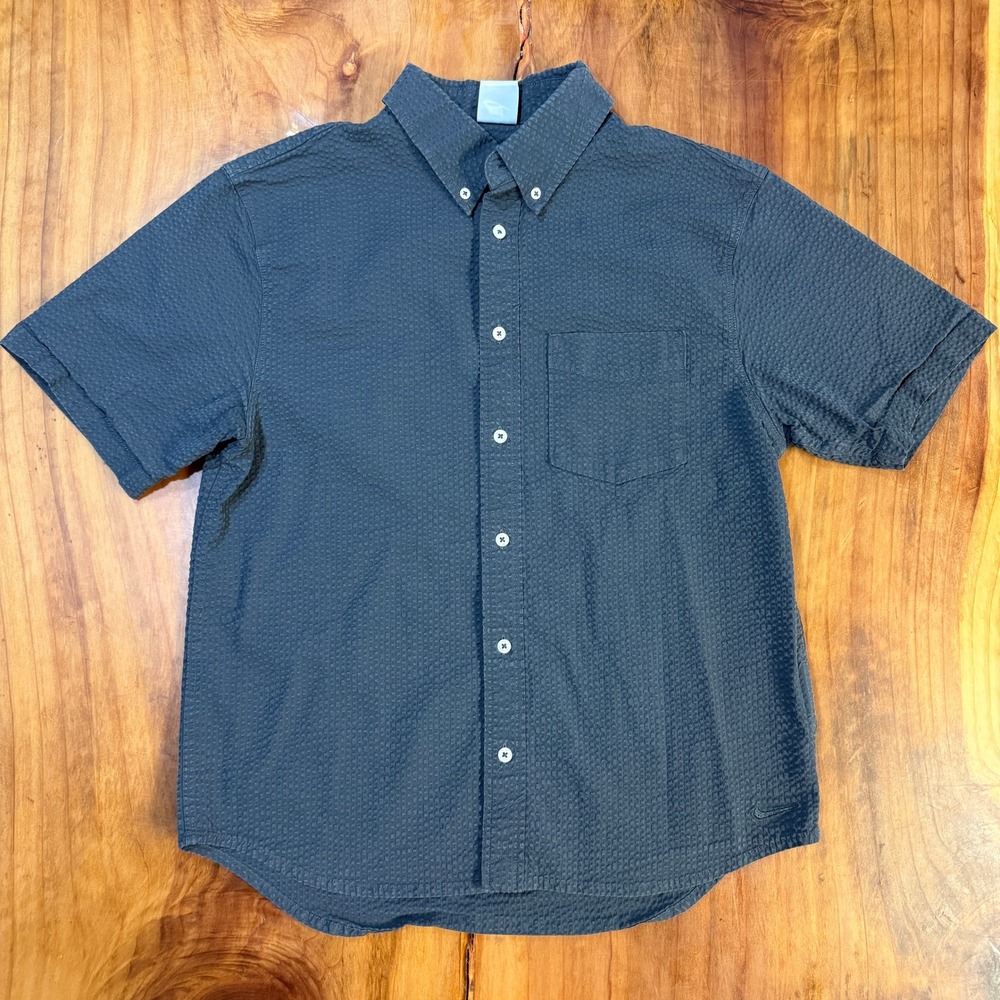 Nike FN3223 Men's Shirt Asian Seersucker Button Cotton Short Sleeve Gray T16